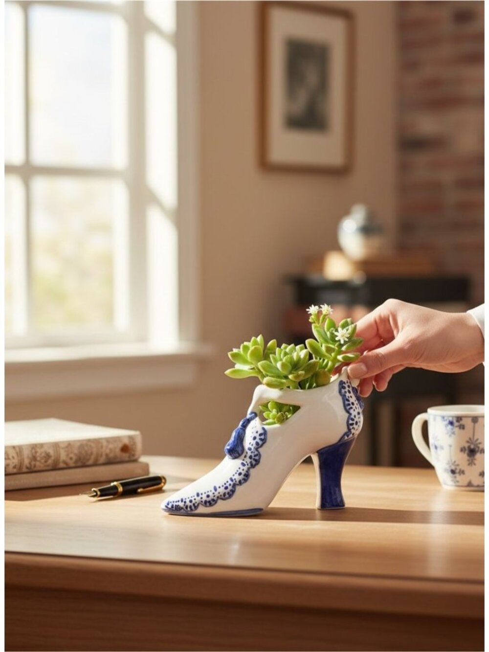 Decorative Ceramic Shoe Planter With Blue & White Detailing